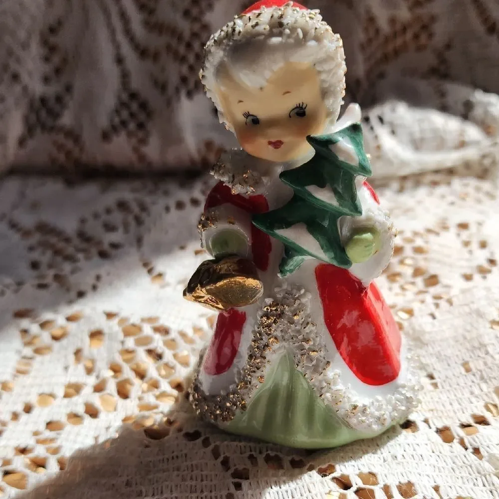 Lefton Porcelain Christmas Angel Vintage 1956 Carrying A Tree & Bells